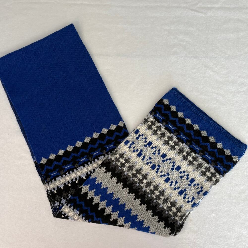 Talbots Blue Black Grey Fair Isle Geometric Knit Lambswool Blend Scarf